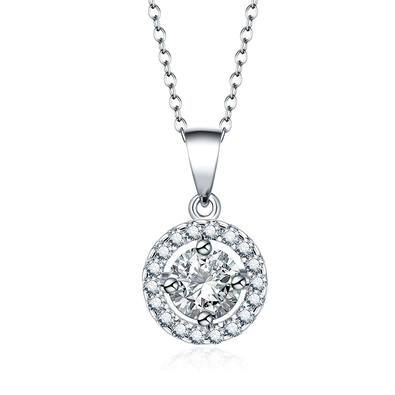 Benmani Round Cut White Gold Plated Halo Pendant Necklace with Cubic Zirconia Crystals